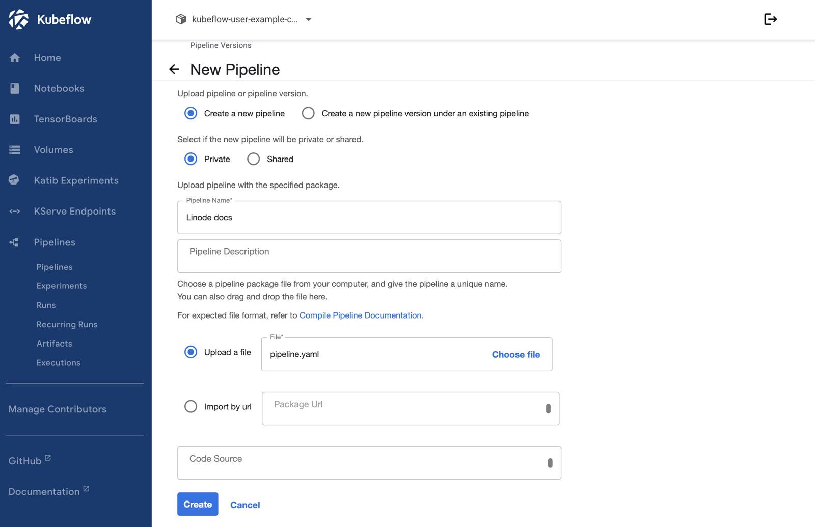 Screenshot of the “New Pipeline” page within Kubeflow