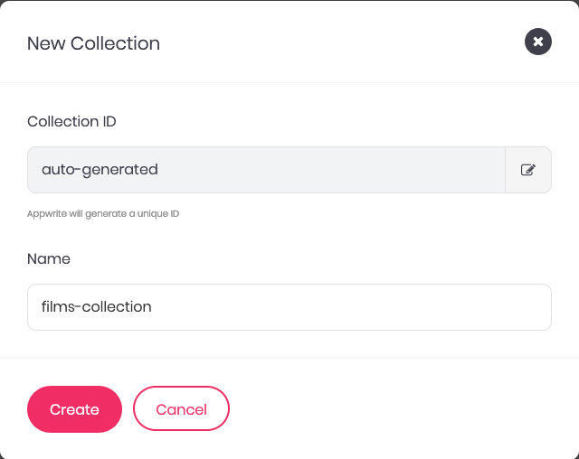Appwrite form for creating a collection Appwrite form for creating a collection