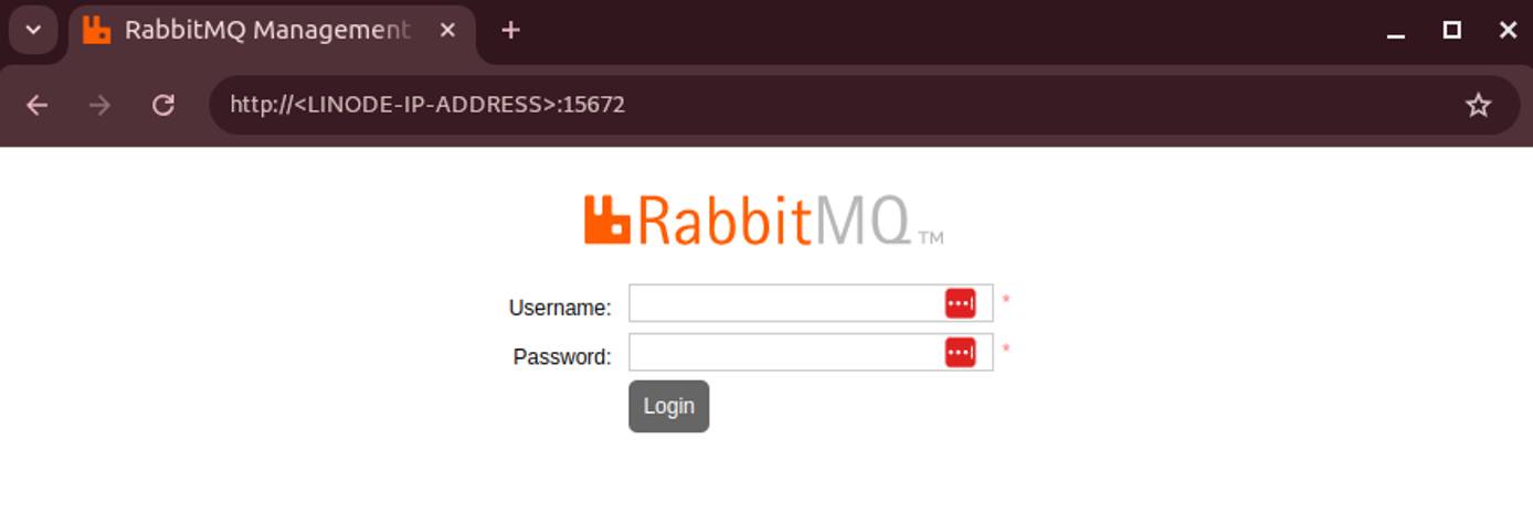 Web browser accessing RabbitMQ management interface via port 15672 on a Linode Compute Instance. Web browser accessing RabbitMQ management interface via port 15672 on a Linode Compute Instance.