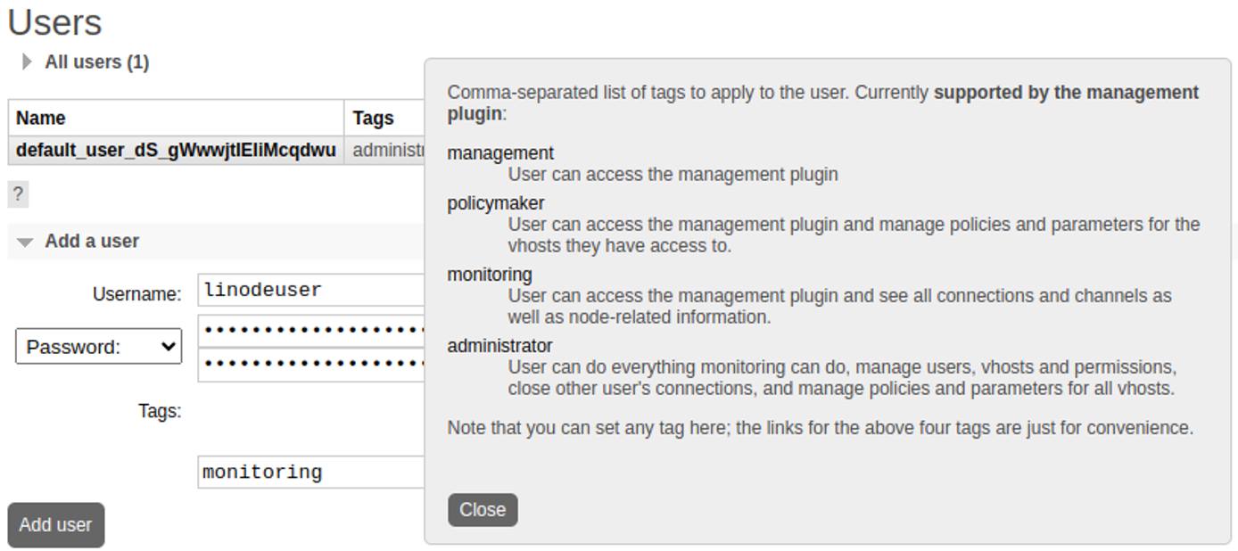 The Add User form in the RabbitMQ web interface, allowing input for username, password, and permission tags.