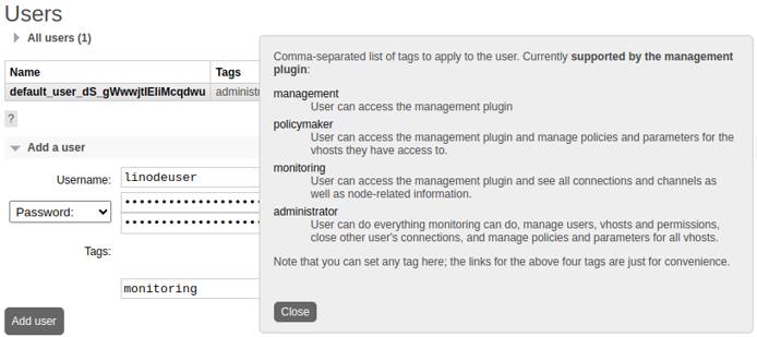 The Add User form in the RabbitMQ web interface, allowing input for username, password, and permission tags.