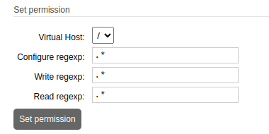 RabbitMQ web interface screen showing options to set user permissions for a virtual host.