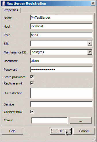 pgAdmin III new server details dialog pgAdmin III new server details dialog