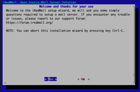 The iRedMail install script welcome screen The iRedMail install script welcome screen