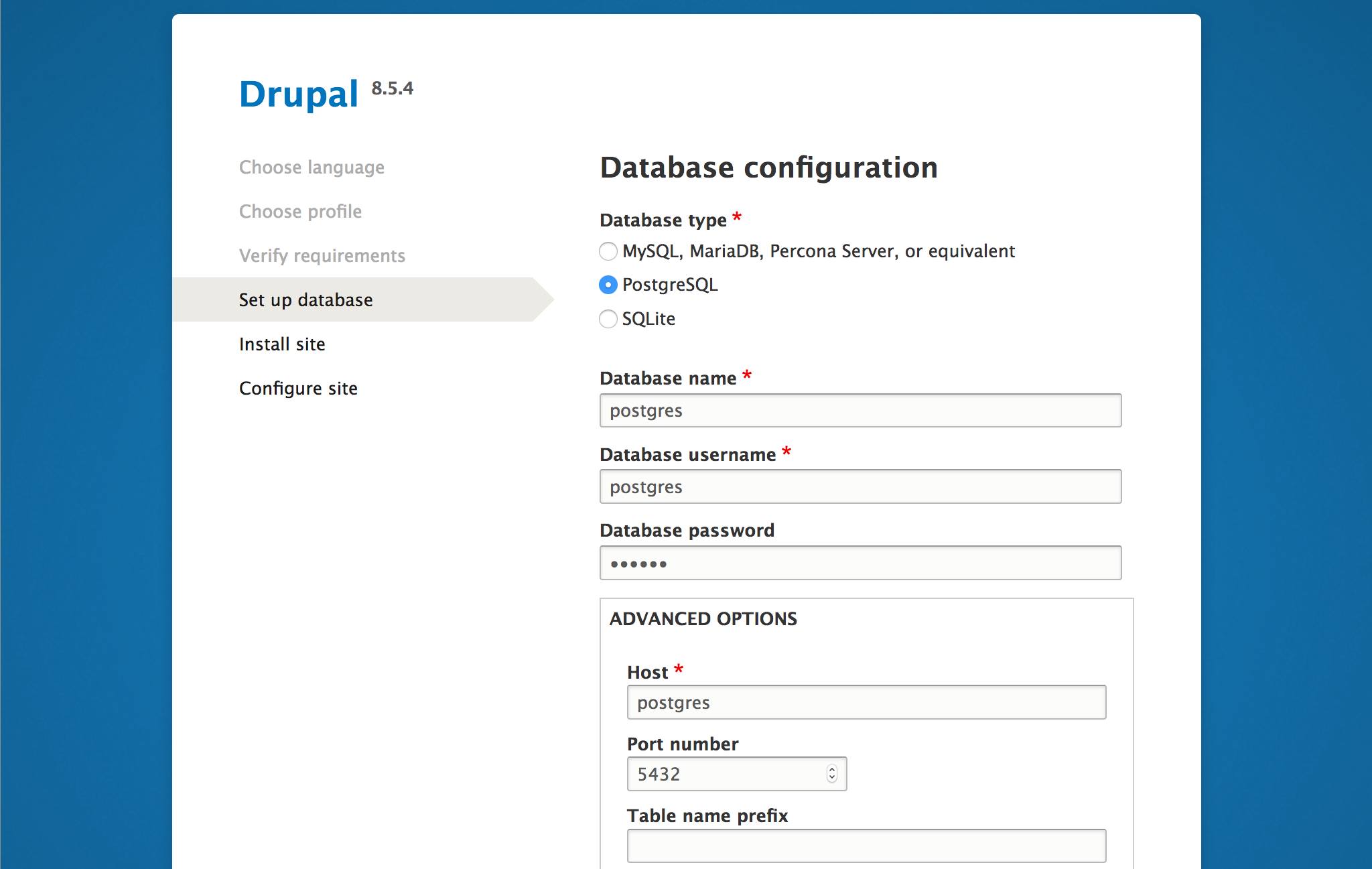 Drupal setup screen in the web browser - ‘Set up database’ page