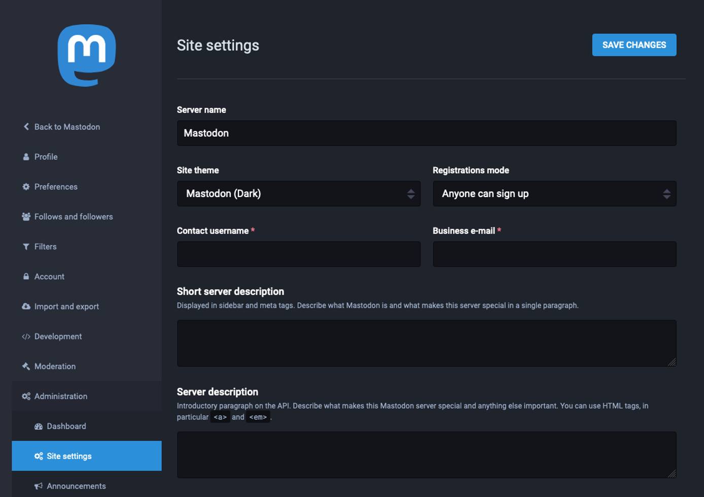 Mastodon administration page Mastodon administration page