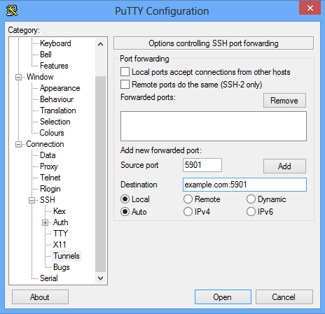 Adding a forwarded port to PuTTY. Adding a forwarded port to PuTTY.
