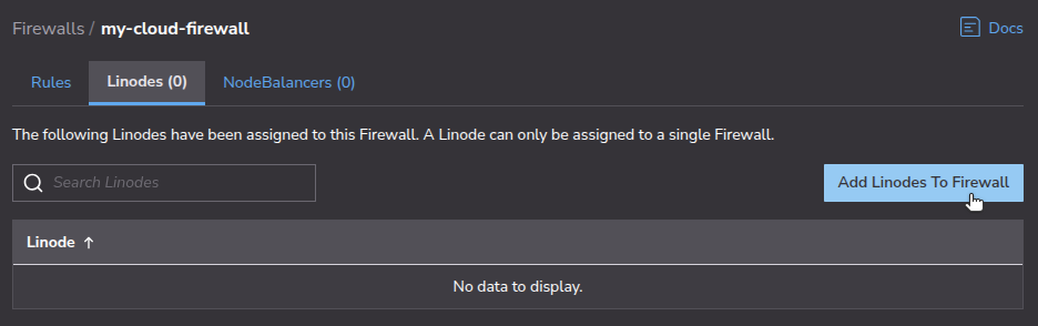 Cloud Manager UI for attaching Linodes to the firewall.