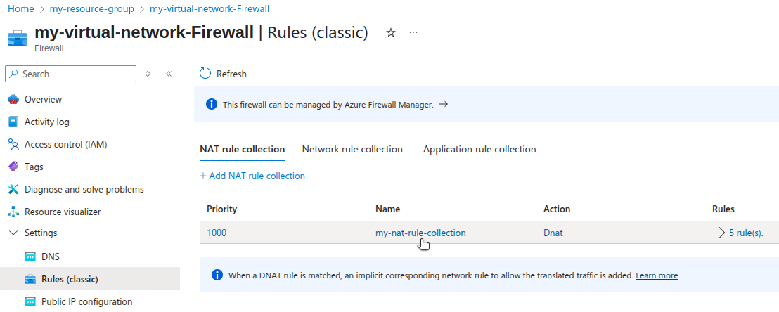 Azure Portal NAT rule collection page.