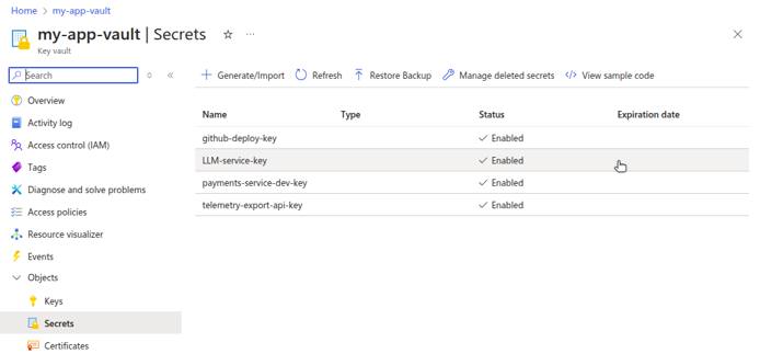 Azure Key Vault UI showing list of secrets.