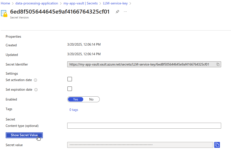 Azure Key Vault UI showing how to view the value of a selected secret.