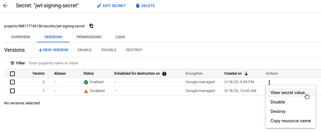 GCP Secret Manager UI displaying how to value of a selected secret.