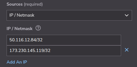 Cloud Manager UI for entering source IP addresses.
