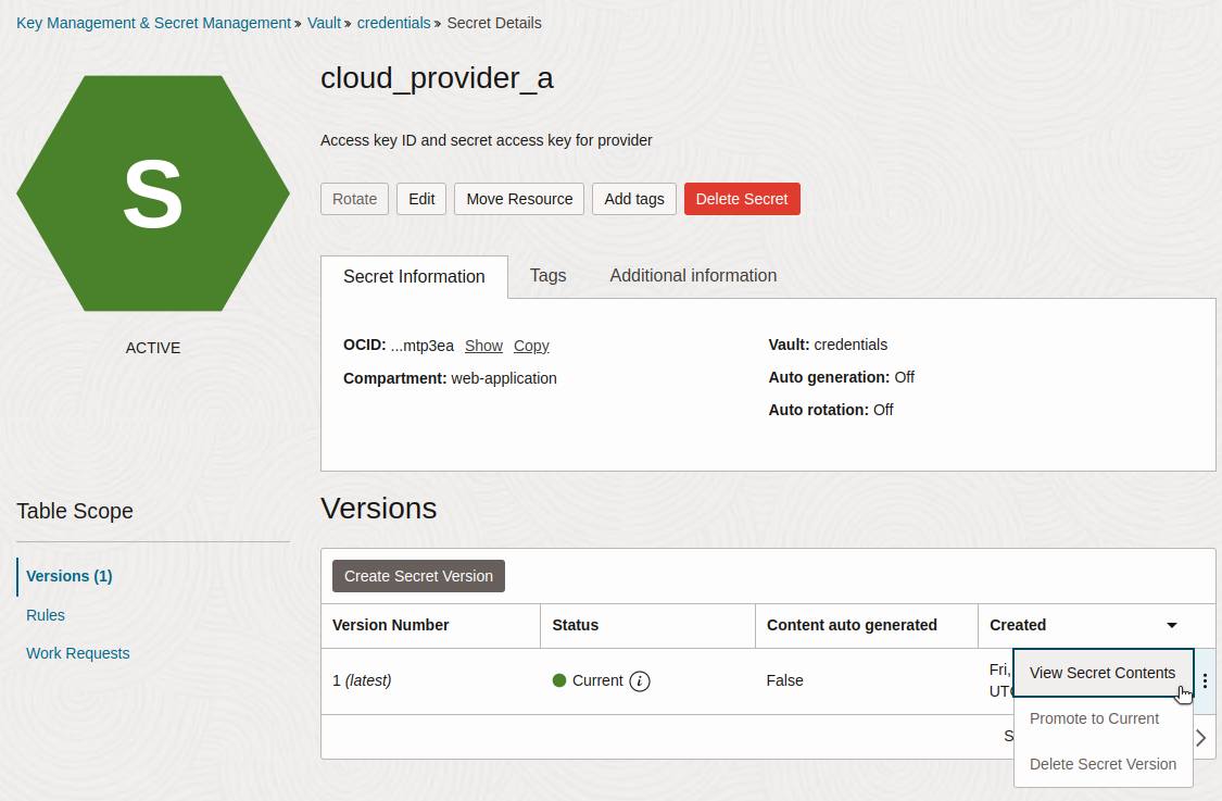 Oracle Vault showing how to view the content of a selected secret.