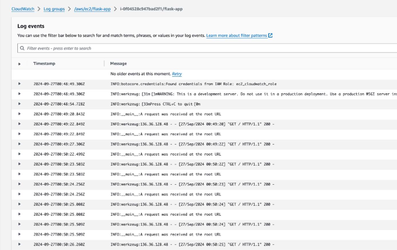 Example of CloudWatch logs with INFO level log entries for a Flask application. Example of CloudWatch logs with INFO level log entries for a Flask application.
