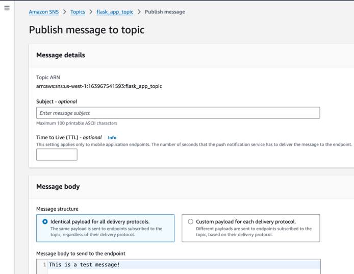 AWS SNS UI for publishing messages to all topic subscribers.