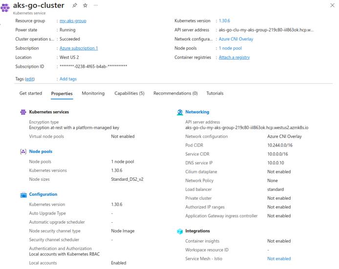 Azure portal displaying detailed overview information for an AKS cluster.