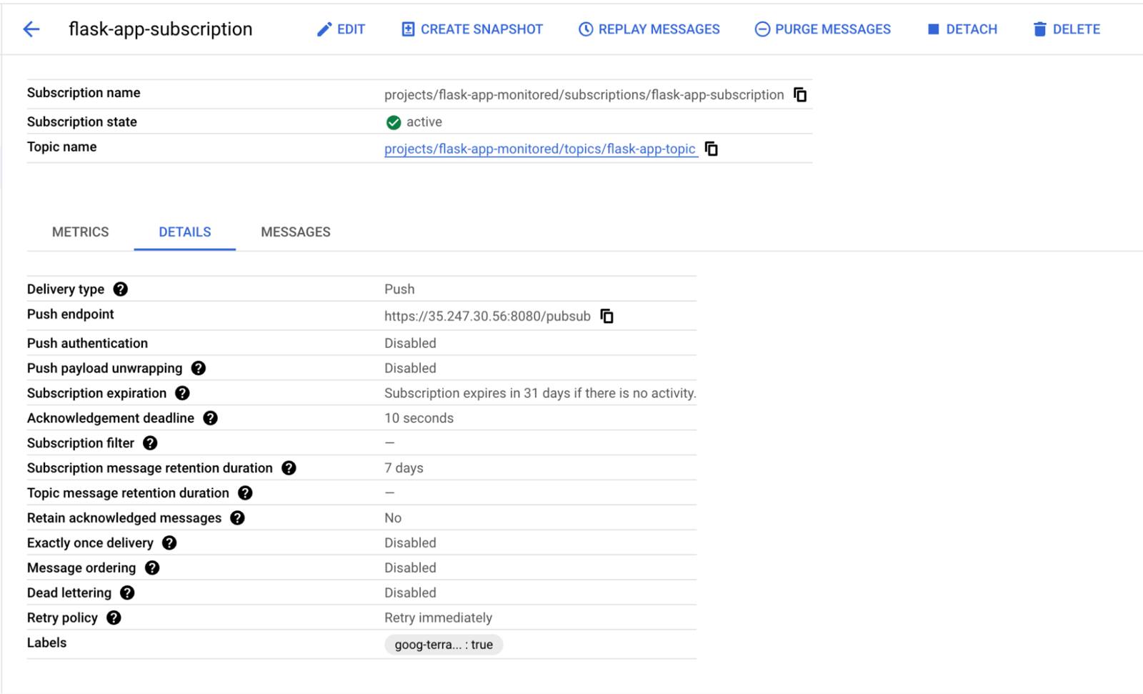 The GCP Pub/Sub Console UI showing current topic subscribers.