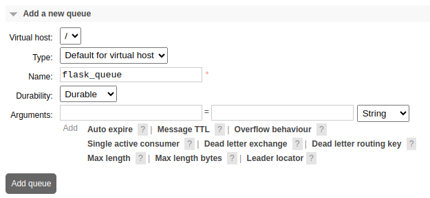 The RabbitMQ interface showing steps to create a new queue.