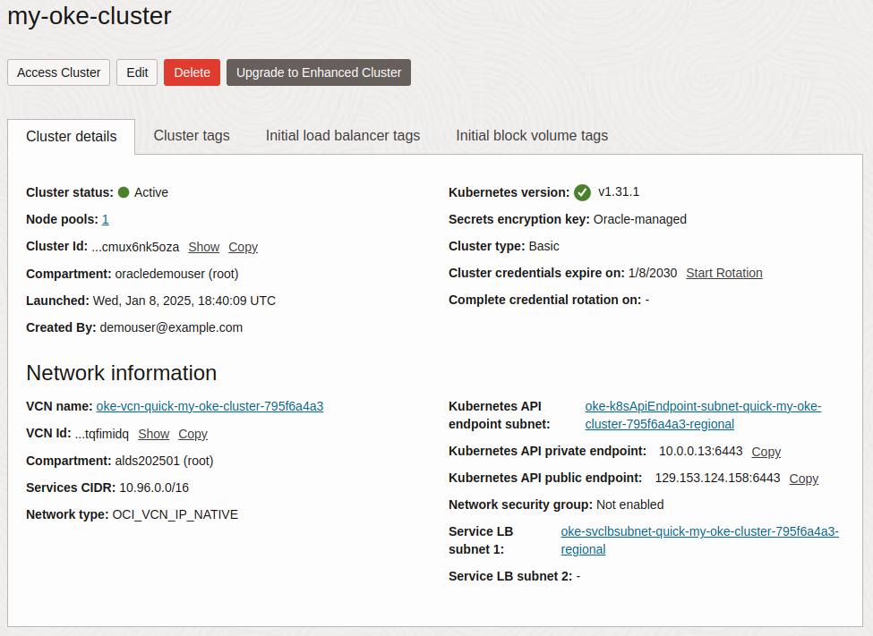 Oracle Cloud console showing detailed overview of an OKE cluster.