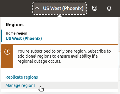Oracle Cloud console with region selection dropdown open and Manage regions option highlighted.