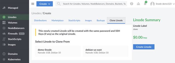 Select the ‘Clone Linode’ tab to clone an existing Linode.
