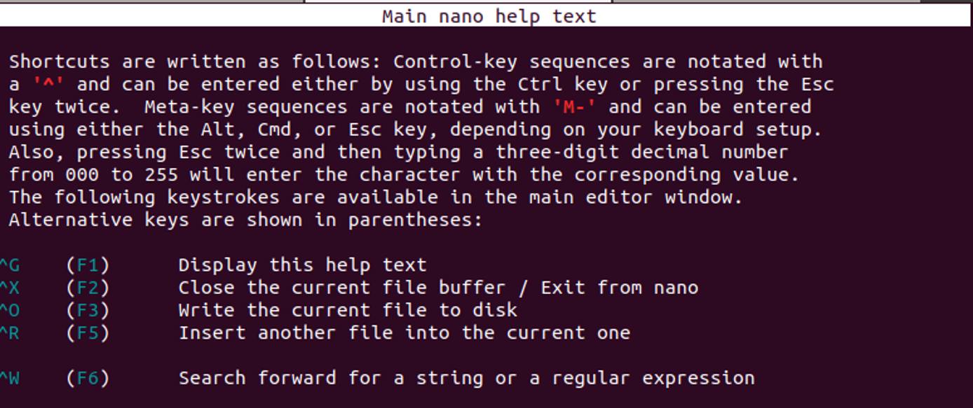 Nano help menu options. nano help menu options