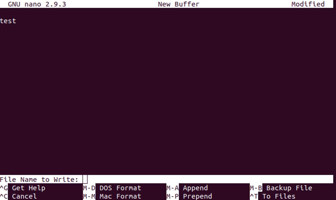 Entering a file name in nano. save the file
