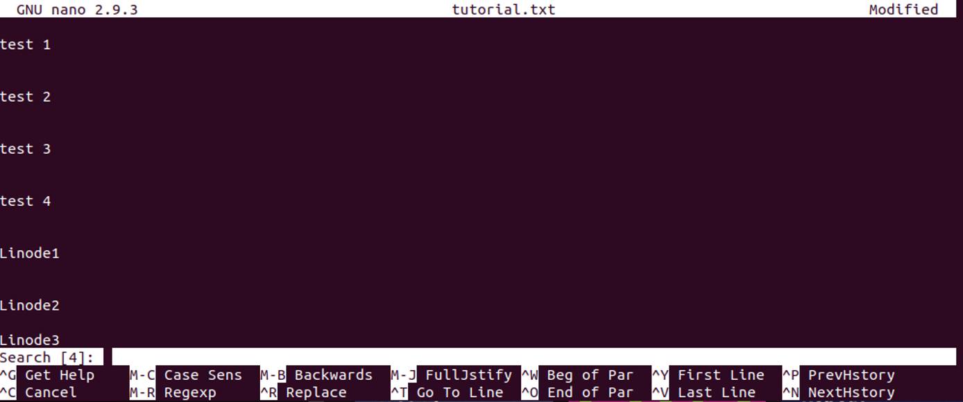 Opening the search functionality of nano. search option in the file