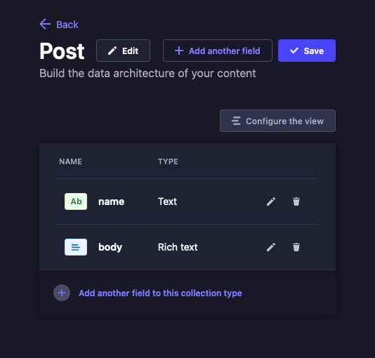 Strapi with a completed “Post” collection