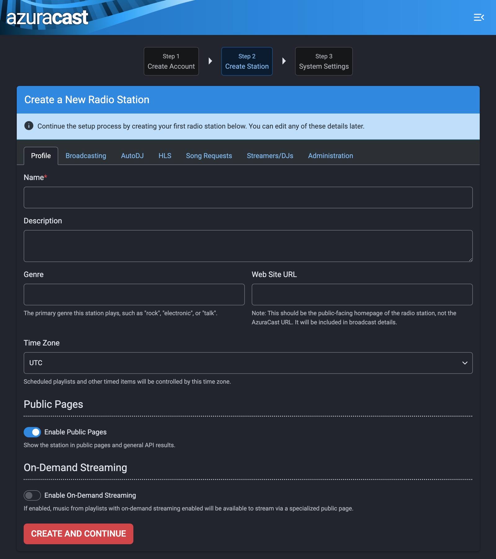 “AzuraCast Create Station”