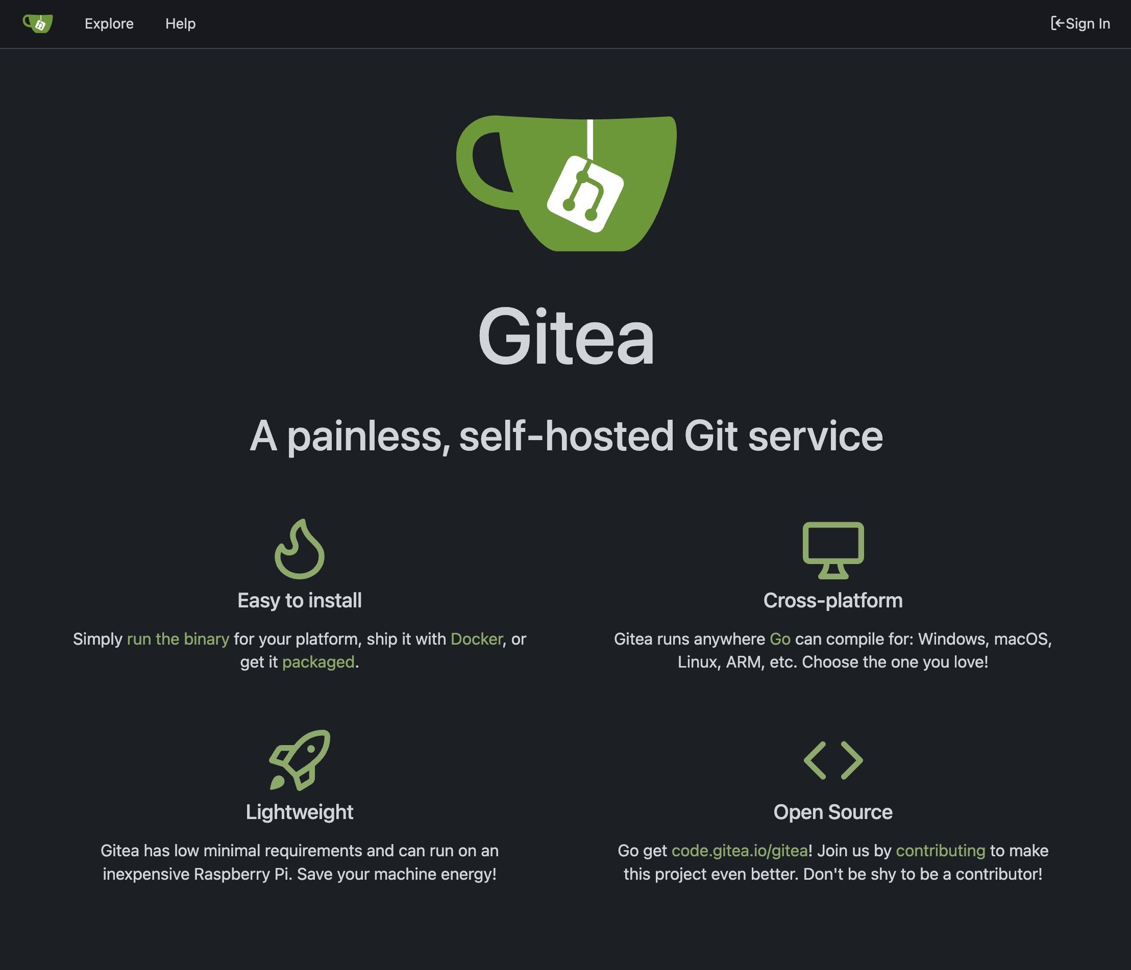 Gitea welcome page The Gitea welcome page.